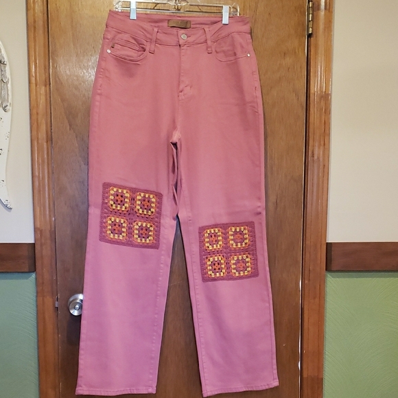 Judy Blue Pink Granny Square Denim Jeans 14W - Picture 6 of 6